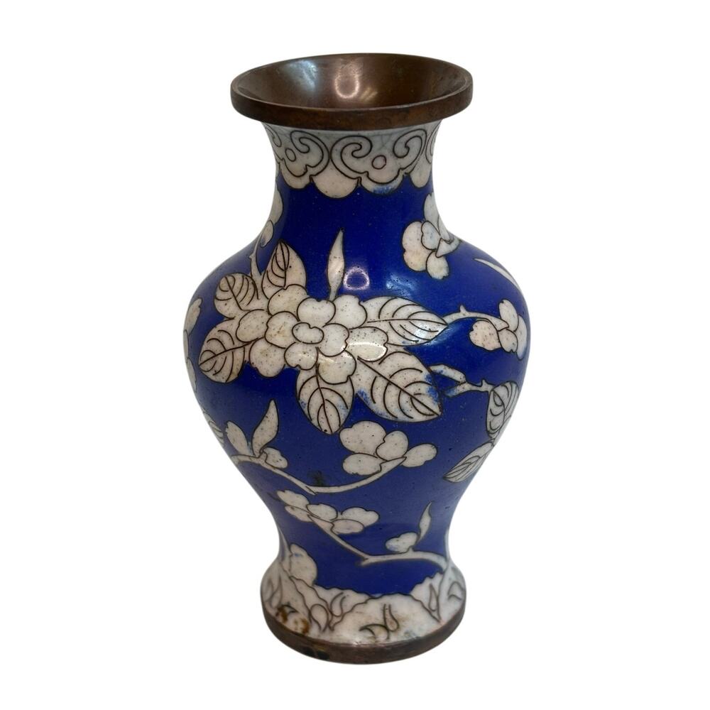 Vintage Chinese Blue Enamel Cloisonné Brass Mini Bud Vase Floral 4 inch